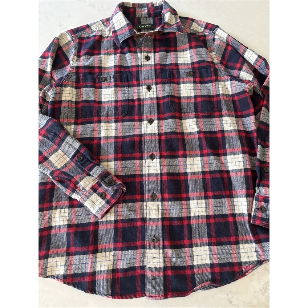 Orvis Mens M Long Sleeve Button Down Classic Fit Flannel Suede Shirt Plaid Heavy